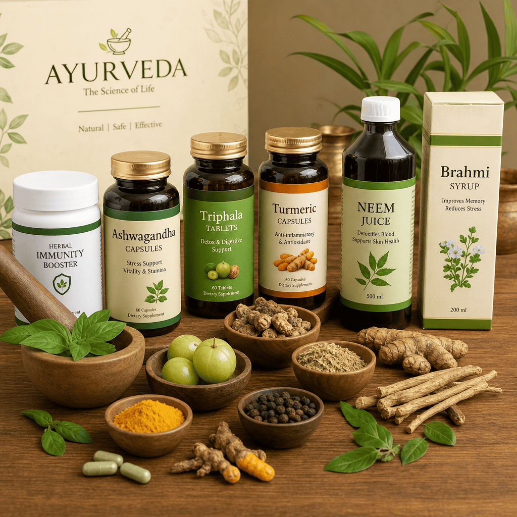 A professional presentation of various Ayurvedic products, herbal supplements, and natural ingredients on a wooden table