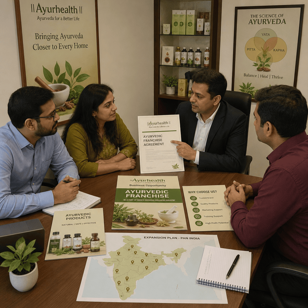 A business meeting discussing an Ayurvedic franchise contract with marketing materials and a map on the table