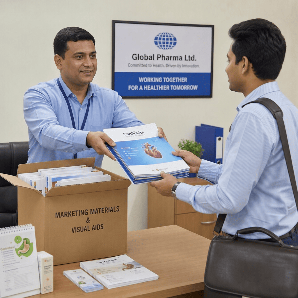 Medical representative receiving marketing materials and visual aids from parent company