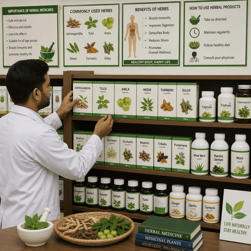 A pharmacist or distributor organizing high-quality herbal medicines and visual aids on a dispensary shelf