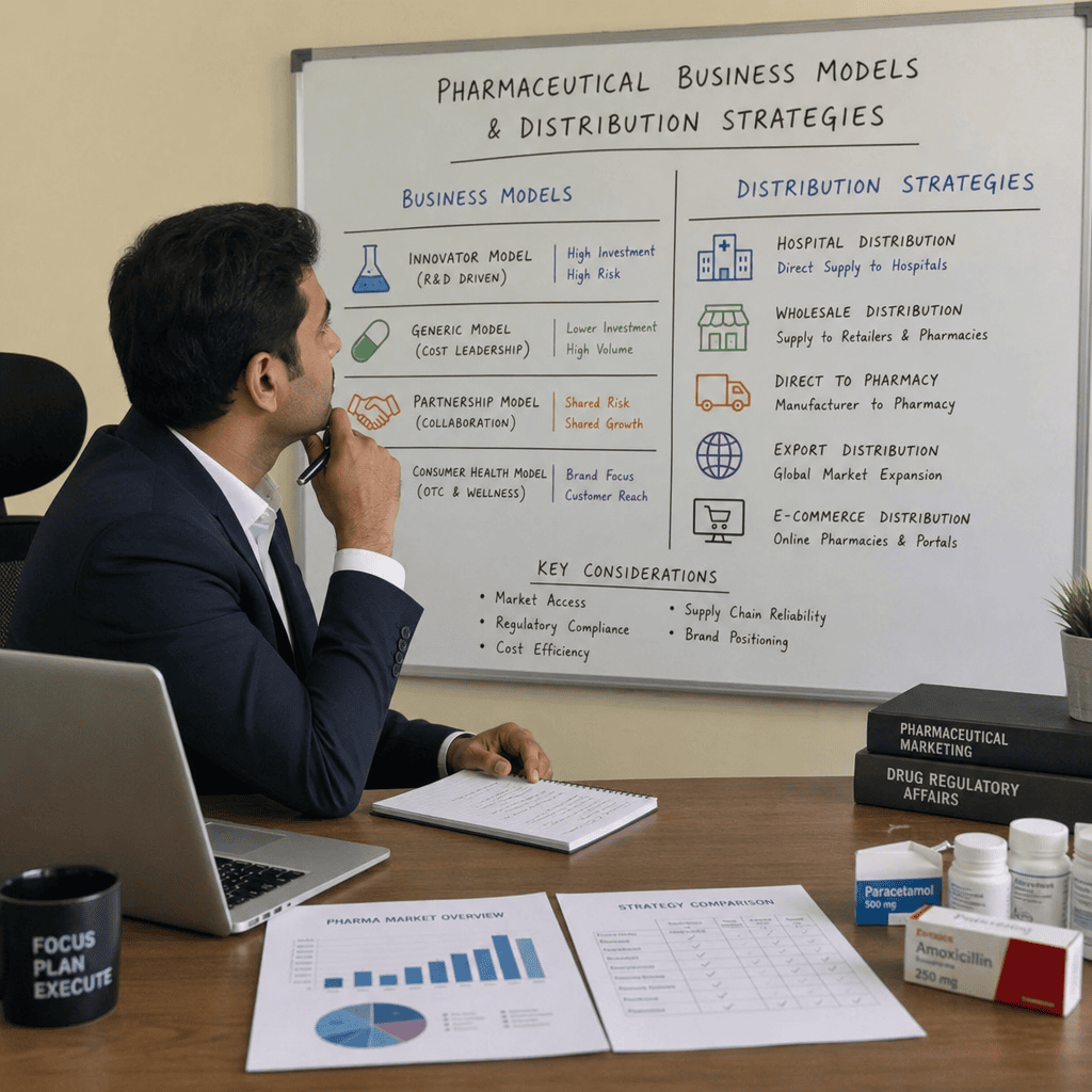 Businessman comparing pharmaceutical business models and distribution strategies