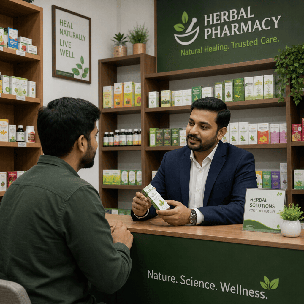 A modern herbal pharmacy store showing a customer consulting with a well-dressed pharmaceutical distributor