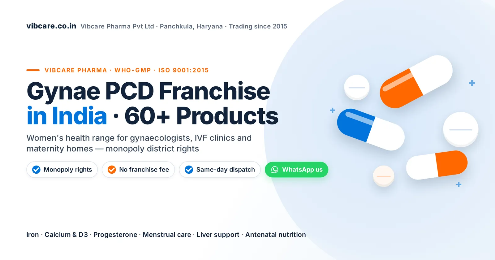 Gynae PCD franchise in India – Vibcare Pharma, 60+ women's health products, monopoly rights, no franchise fee