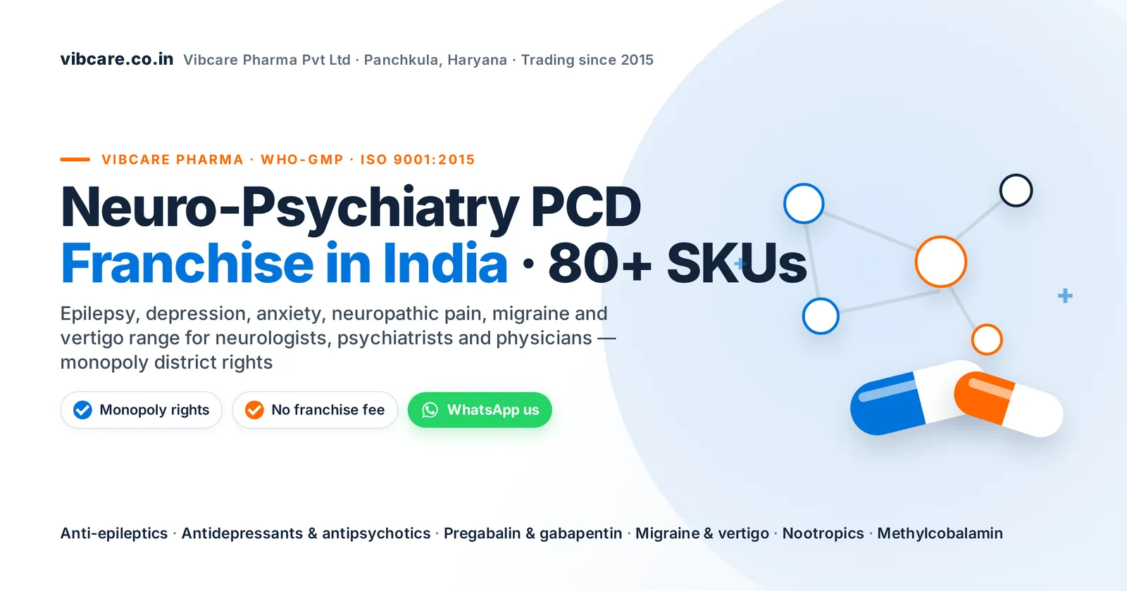 Neuro-psychiatry PCD franchise in India – Vibcare Pharma, 80+ neuro and psychiatry products, monopoly rights, no franchise fee