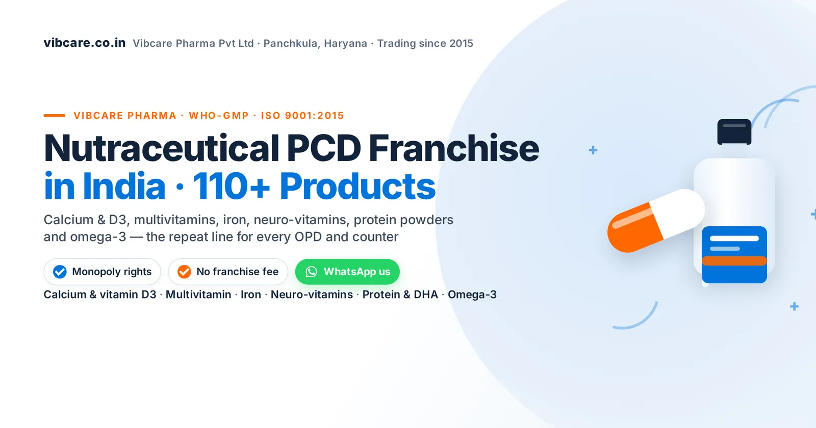 Nutraceutical PCD franchise in India – Vibcare Pharma, 110+ calcium, multivitamin, iron, protein and omega-3 products, monopoly rights