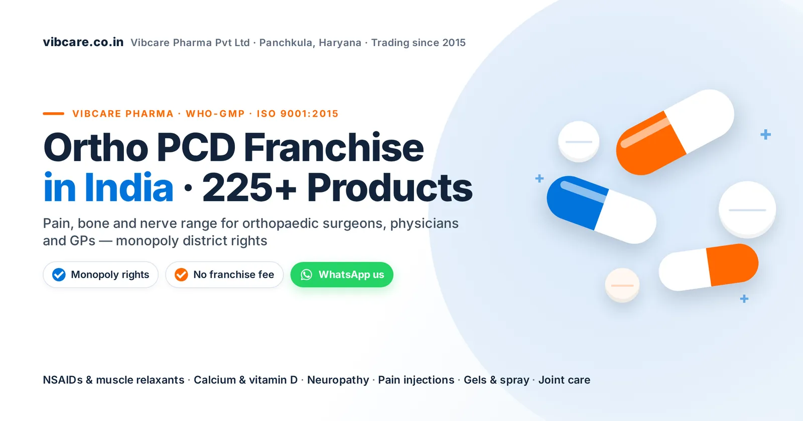 Ortho PCD franchise in India – Vibcare Pharma, 225+ pain, calcium, neuropathy and gel products, monopoly rights, no franchise fee