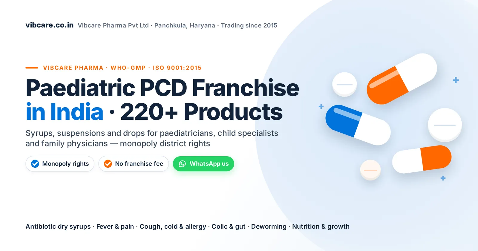 Paediatric PCD franchise in India – Vibcare Pharma, 220+ syrups, suspensions and drops, monopoly rights, no franchise fee