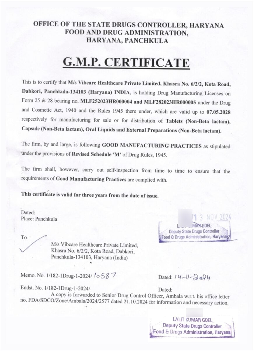 GMP certificate under Revised Schedule M issued by State Drugs Controller Haryana to Vibcare Healthcare Pvt Ltd