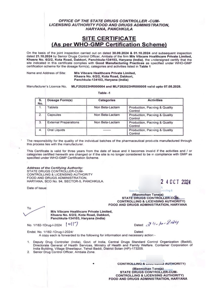 WHO-GMP site certificate No. 1/182-1Drug-I-2024 issued by State Drugs Controller, FDA Haryana to Vibcare Healthcare Pvt Ltd, Panchkula