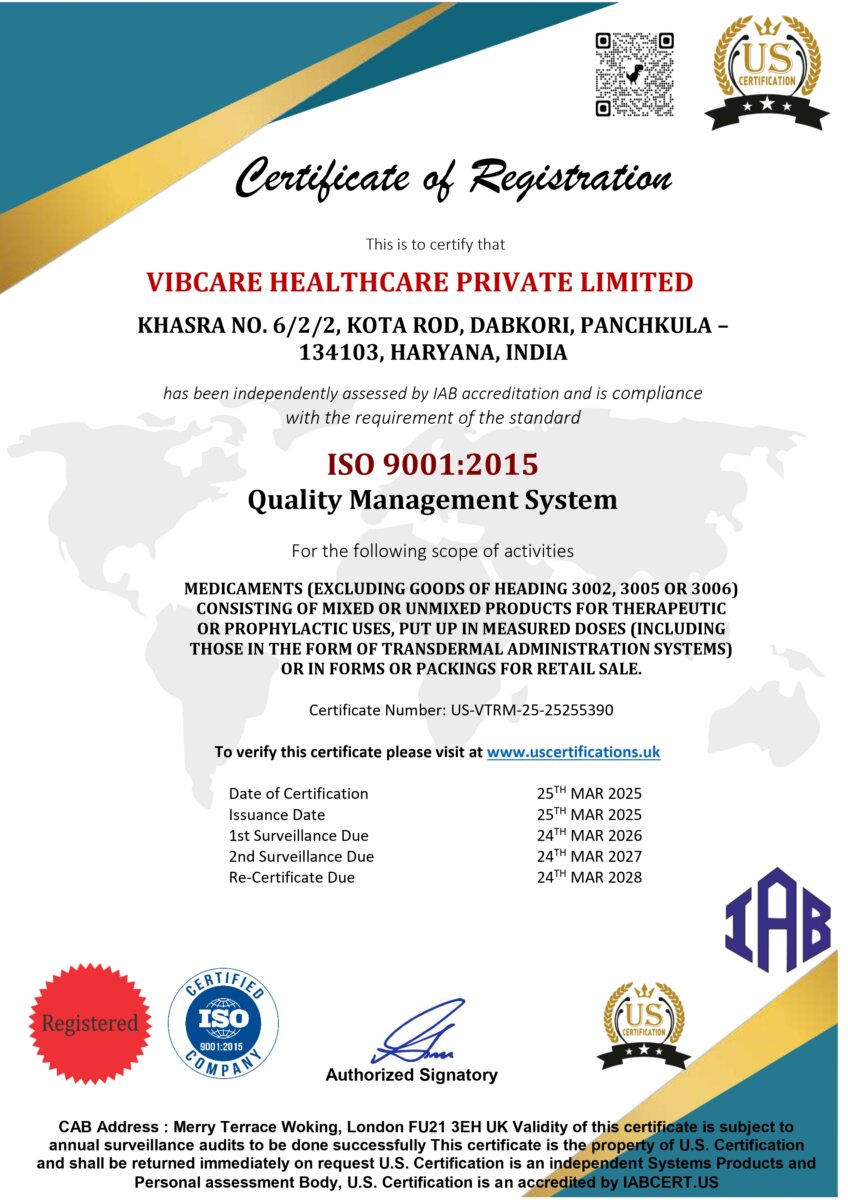ISO 9001:2015 quality management system certificate US-VTRM-25-25255390 for Vibcare Healthcare Pvt Ltd, Panchkula