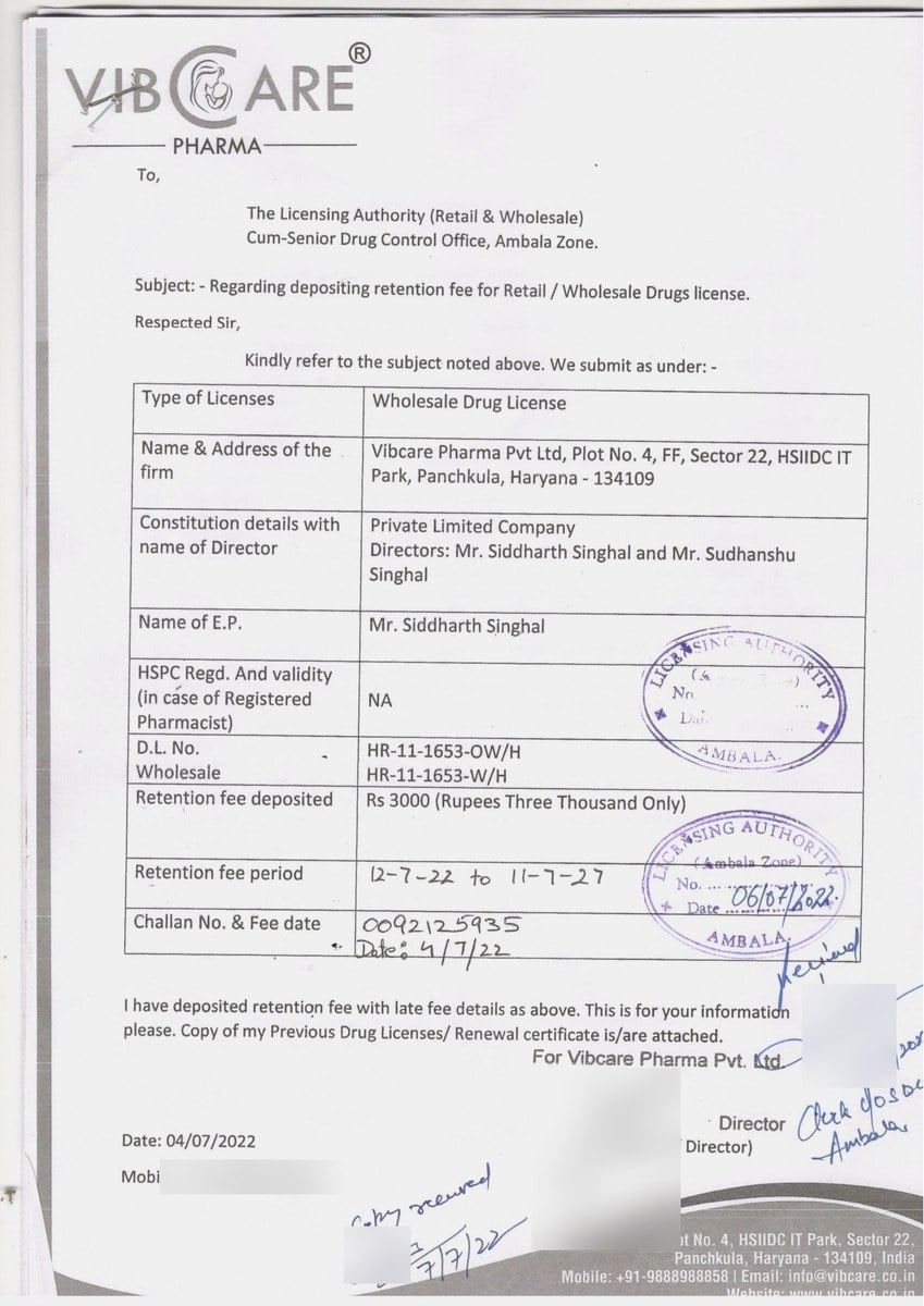 Retention fee acknowledgement for Vibcare Pharma wholesale drug licences HR-11-1653-OW/H and HR-11-1653-W/H, retained to 11 July 2027