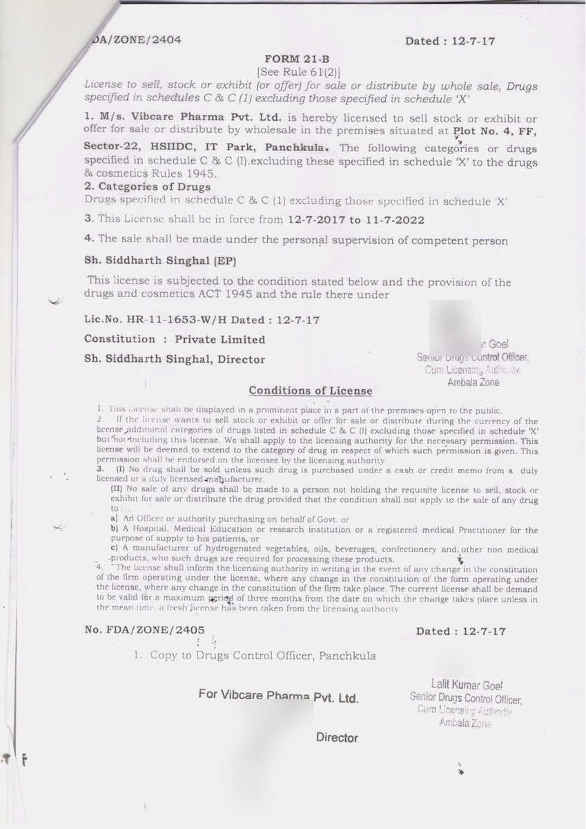 Form 21-B wholesale drug licence HR-11-1653-W/H issued to Vibcare Pharma Pvt Ltd for Schedule C and C(1) drugs