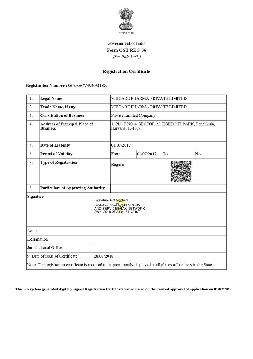 GST registration certificate Form GST REG-06, GSTIN 06AAECV4940M1ZZ, Vibcare Pharma Pvt Ltd, Panchkula