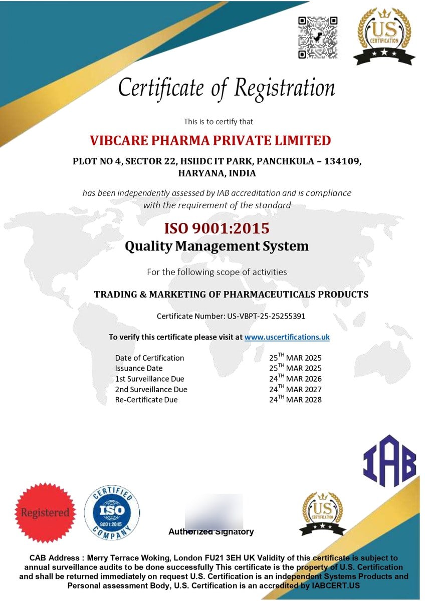 ISO 9001:2015 certificate US-VBPT-25-25255391 issued to Vibcare Pharma Pvt Ltd, Panchkula, for trading and marketing of pharmaceutical products