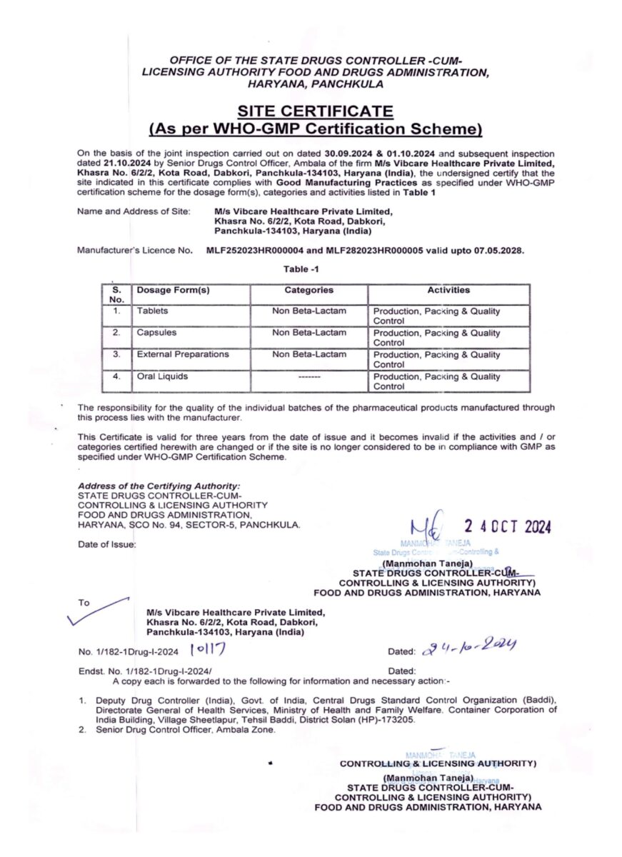 WHO-GMP site certificate No. 1/182-1Drug-I-2024 issued by State Drugs Controller, FDA Haryana to Vibcare Healthcare Pvt Ltd, Panchkula